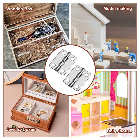 100 Pcs Tiny Dollhouse Hinges 0.7 x 0.51 Inches 180 Degree Miniature Metal Hinges With 400 Screws Silver Durable Iron Hardware