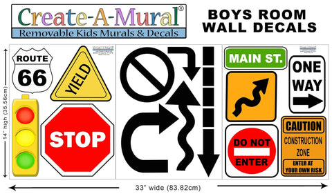 Road Sign Wall Decals For Kids Room Street Sign Decor Stickers Do Not Enter Stop Sign One Way Traffic Light Yield Caution