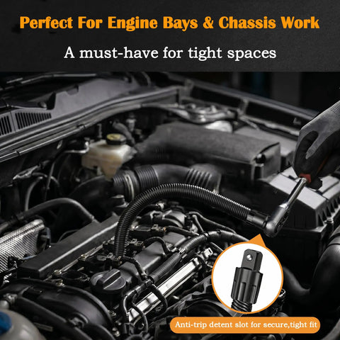 Flexible socket extension in use inside engine bay, showcasing Built Like A Tank 1/2 Inch Drive Flexible Socket Extension Bar Set.