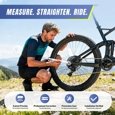 Cyclist using Derailleur Alignment Tool And Hanger Gauge For 20 To 29 Inch Wheels, Quick Precise 0.4mm Shifting Calibration