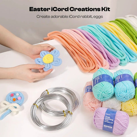 Aluminum Craft Wire and Acrylic Yarn Kit for I Cord Knitting Beginners Includes Eight 25 Gram Yarn Skeins and Two Rolls of Five Meters by Three Millimeter Wire for Easy DIY Handicraft Projects displayed with colorful yarn and wire rolls