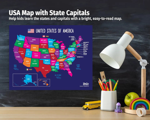 United States Map With Capitals Poster Laminated 17x22 for kids on classroom wall above desk with lamp and stationery