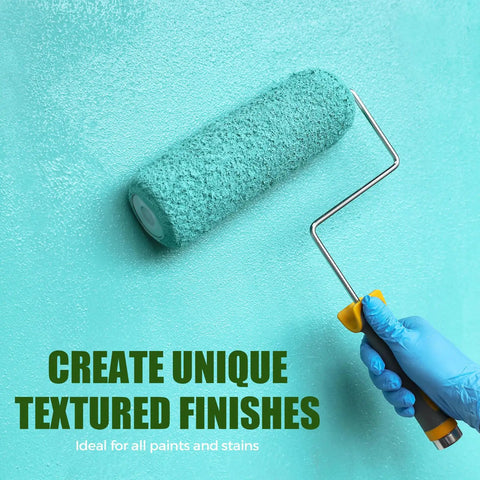 Applying paint with Six Pack Nine Inch Lambswool Paint Roller Covers With Three Quarters Inch Nap High Capacity Fits US Standard Nine Inch Roller Frames Durable Reusable Naps For Textured Rough Surfaces Home Improvement Paint Supplies on a textured wall.