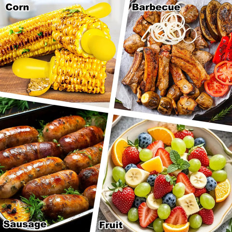 Six Pairs Stainless Steel Corn Holders Set For Easy Grub Grabs On The Cob Yellow Corn On The Cob Skewers shown with grilled corn