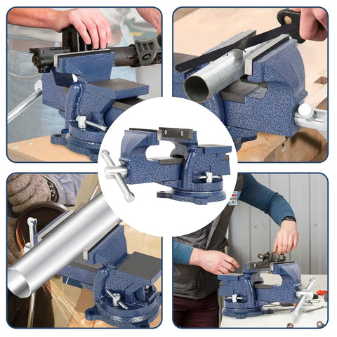 4 Inch Bench Vise With Portable Clamp And 360 Degree Swivel Base in use for woodworking and metal pipe clamping