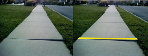 Comparison of sidewalk without and with Yellow Reflective Pavement Marking Tape For Outdoor Use Built Tough, 4 Inch By 150 Foot Roll.