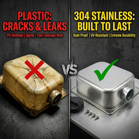 Comparison of a damaged plastic fuel tank and a new Heavy Duty 7 Liter Stainless Steel Fuel Tank For Gasoline Engines, 304 Stainless Construction, 7L Capacity, Universal Fit For Webasto Eberspacher Diesel Parking Heaters And Other Gas Engines.