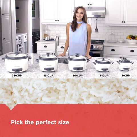 Woman standing behind various rice cookers including Family Size Rice Cooker With 28 Cups Cooked Capacity in a kitchen setting.
