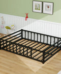 Safe Toddler Floor Bed With Rails And Door Full Size Montessori Bed For Ages 2 To 5 Low Profile Metal Platform Black