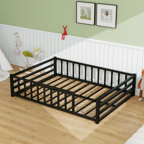 Safe Toddler Floor Bed With Rails And Door Full Size Montessori Bed For Ages 2 To 5 Low Profile Metal Platform Black