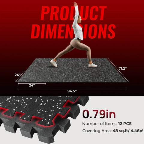 0.79 Inch Extra Thick Exercise Mats, 12 Pack Interlocking Gym Flooring Tiles With Rubber Top, 48 Sq Ft Coverage, Woman Stretching