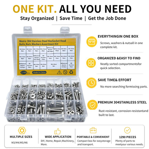 Killer 1290 Piece Rust Resistant 304 Stainless Steel Button Head Socket Cap Screw Assortment Kit with hex nuts in organized storage box.
