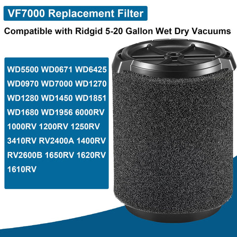 2 Pack VF7000 Replacement Filter For Wet Dry Vacuums Compatible With Ridgid 5-20 Gallon, high-density foam filter standing.