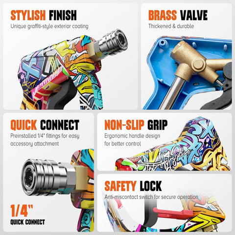 Beast Mode 4000 PSI Pressure Washer Gun with graffiti style, brass valve, quick connect, non-slip grip, safety lock features.