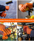 Orange disposable gloves, 6 mil, latex-free with raised diamond grip, size Large; four-scene collage.