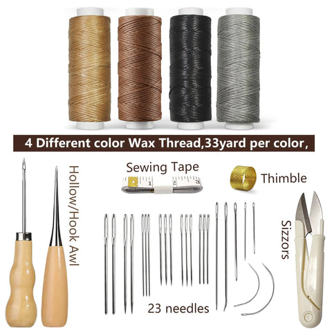 All In One Leather Repair Kit With Waxed Thread And Heavy Duty Tools For Car Seats, Sofas, And Carpets, includes tools and threads