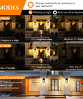 Visual showing three modes of two pack motion sensor outdoor wall lights dusk to dawn waterproof exterior lanterns in various settings.