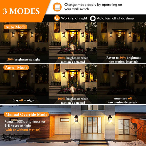 Visual showing three modes of two pack motion sensor outdoor wall lights dusk to dawn waterproof exterior lanterns in various settings.