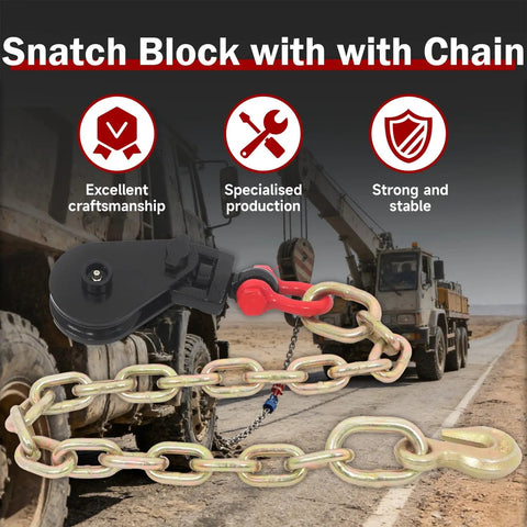 Heavy Duty 2 Ton Snatch Block With 2 Ft Steel Chain And 3 Inch Sheave For Lifting, Towing, And Winching On Demanding Jobs, Built To Handle A 4400 Lb Working Load Limit, shown with chain and truck backdrop