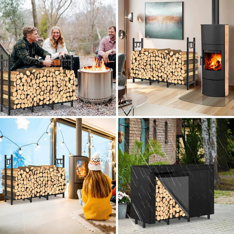 Outdoor Firewood Rack With Heavy Duty Eight-Leg Frame And 4-Foot Width, Weatherproof Cover, Log Carrier, and Kindling Hooks