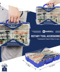 Person holding the Do It All Rotary Tool Accessories Kit with 282 Pcs in a blue transparent carrying case.