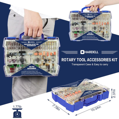 Person holding the Do It All Rotary Tool Accessories Kit with 282 Pcs in a blue transparent carrying case.