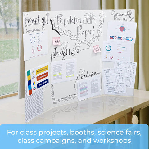 36 Inch By 48 Inch White Tri Fold Corrugated Presentation Board Case Of 24 For School Projects And Classroom Displays in use
