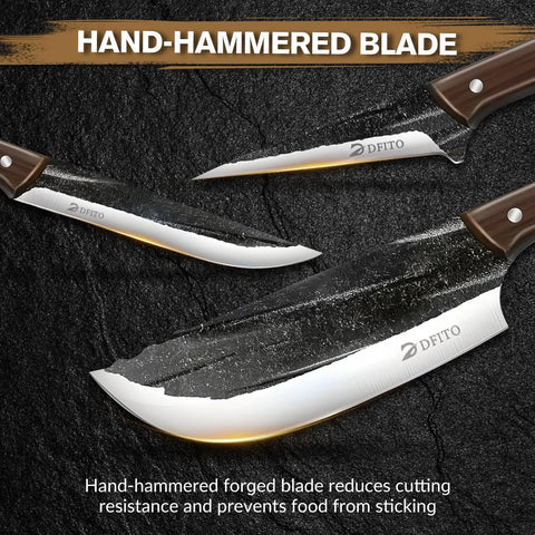 All-In-One 14-Piece Butcher Knife Set With Roll Bag, hand-hammered blade, stainless steel, close-up view.