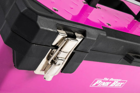 Close-up of metal latch on 20 Inch Portable Steel Toolbox With Removable Organizer Tray, Pink Powder Coated Steel, Easy Carry Handle