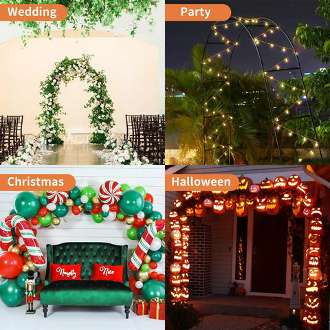 Garden Arch Arbors For Outdoor Climbing Plants Black Metal Trellis Arch Kit used in wedding, party, Christmas, and Halloween decor.