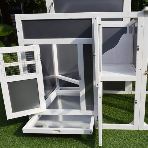 Open view of Outdoor Chicken Coop With Run And Nesting Box, Waterproof Roof, Removable Tray And Roosting Bar in backyard setting