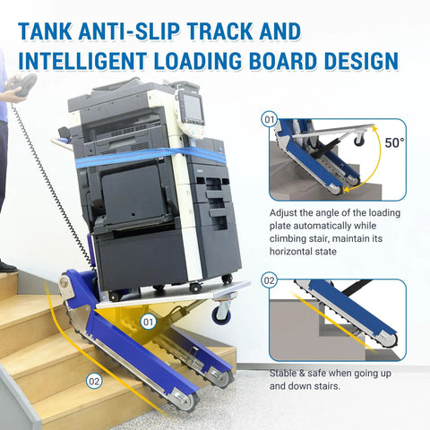 Xsto Crawler Electric Dolly Heavy Duty Trolley 684 Lbs Load Capacity Stair Climber on stairs adjusting angle of loading board.
