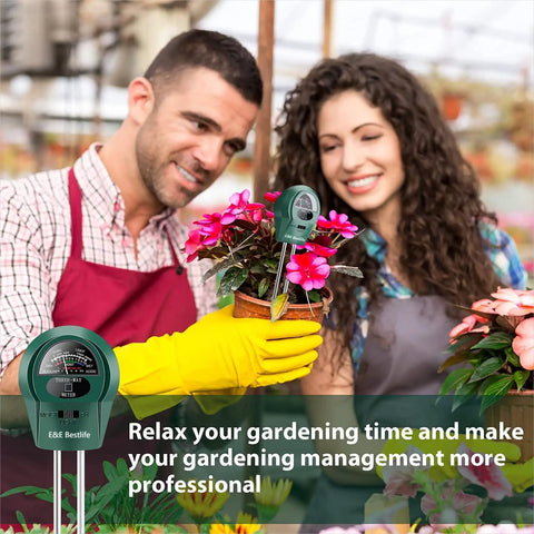 Couple using Soil Moisture Meter Must-Have All-In-One 3-In-1 PH And Light Test Kit in garden with digital display.