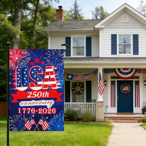 250th Anniversary USA Garden Flag Outdoor Patriotic Yard Flag 1776 2026 Commemorative Fireworks Design 12x18 inches displayed
