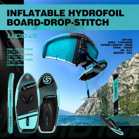 Inflatable Hydrofoil Surfboard Kit With 100L Capacity And 5m2 Wing Foil For Wingfoil Kite Surf And Wind Foiling Stoked To Ride Lightweight Military Grade PVC Build Easy Set Up Durable Sea Gear with rider above waves