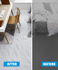 Before and after of room with Peel And Stick 12x24 White Marble Vinyl Floor Tile For Bathrooms And Kitchens Waterproof Self Adhesive Removable Flooring 12 Pack Covers 24 Sq Ft Easy Install Garage Backsplash