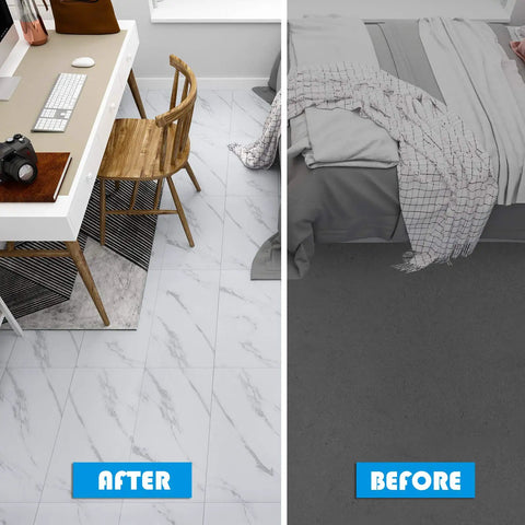 Before and after of room with Peel And Stick 12x24 White Marble Vinyl Floor Tile For Bathrooms And Kitchens Waterproof Self Adhesive Removable Flooring 12 Pack Covers 24 Sq Ft Easy Install Garage Backsplash