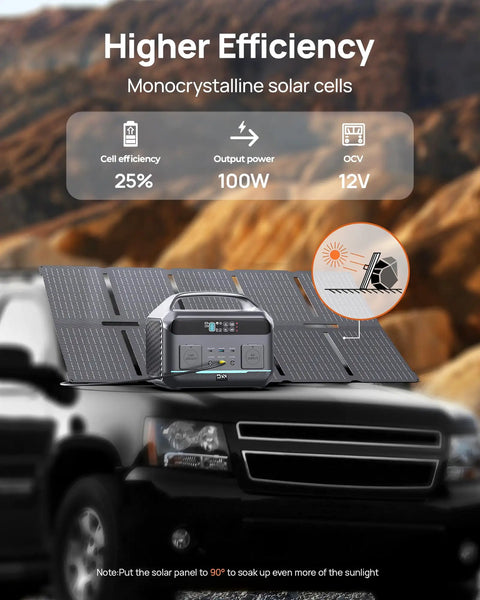 600W Portable Power Station With 576Wh LiFePO4 Battery And 100W Foldable Solar Panel on a black vehicle for solar charging.