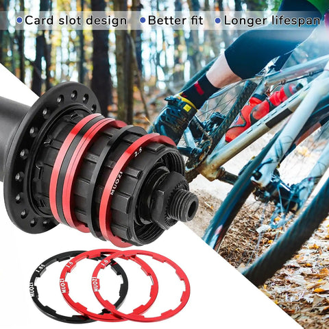 14 Piece Bicycle Cassette Spacer Washer Set Dialed In With Seven Thickness Options shown with bike and hub detail