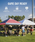 10x10 Pop Up Canopy Tent With One Push Setup No Fuss Easy Outdoor Sun Shade For Events Parties And Camping Includes Sto N Go Cover Bag, American flag design on grass with people seated.