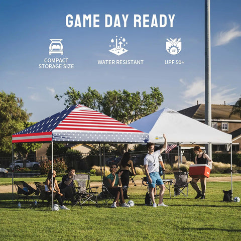 10x10 Pop Up Canopy Tent With One Push Setup No Fuss Easy Outdoor Sun Shade For Events Parties And Camping Includes Sto N Go Cover Bag, American flag design on grass with people seated.