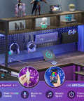 L Shaped Desk With Power Outlet And LED Lights, 94.5 Inch Home Office Desk With RGB lights, pegboard, shelves, and accessories.