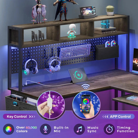 L Shaped Desk With Power Outlet And LED Lights, 94.5 Inch Home Office Desk With RGB lights, pegboard, shelves, and accessories.