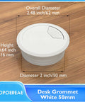 Heavy Duty 2 Inch Desk Grommet And Cord Hole Cover White Abs Cable Pass Through Insert with smooth beveled edge on wood surface.