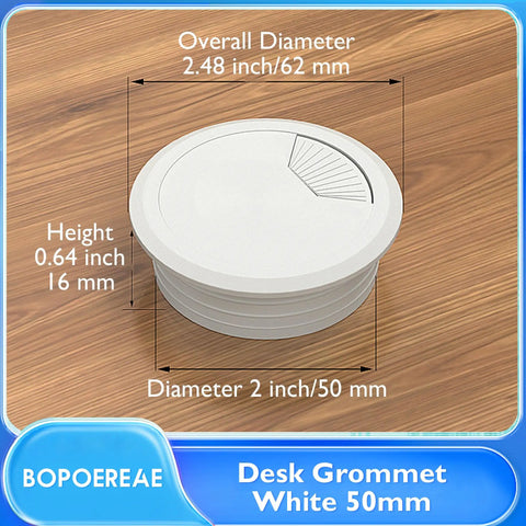 Heavy Duty 2 Inch Desk Grommet And Cord Hole Cover White Abs Cable Pass Through Insert with smooth beveled edge on wood surface.