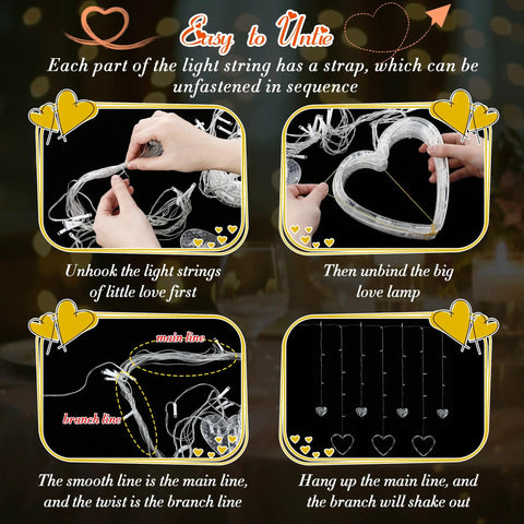 Instructions for untangling Heart Curtain Lights For Valentine's Day And Romantic Room Vibes USB Plug Or Battery Powered 123 LED
