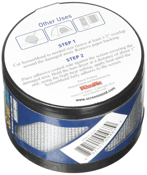 Screenmend Window Screen Repair Kit 1 2 Inch By 80 Inch Roll Silver Gray for Quick DIY Patch Fix Rips and Tears with Heat from a Hair Dryer in Seconds packaging showing instructions and barcode