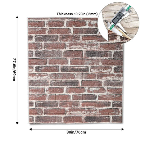 10 Pack Dope 3D Faux Stone Wall Panels Peel And Stick Rust Red Brown Brick Foam Wallpaper For Living Room And Bedroom Realistic Painted Effect Wall Decor Removable Mural Easy To Cut To Fit Any Shape, showing dimensions and thickness of 0.23 inches
