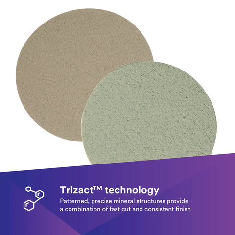 Trizact Hookit Foam Backing Abrasive Disc 3000 and 8000 grades showing two discs with Trizact technology