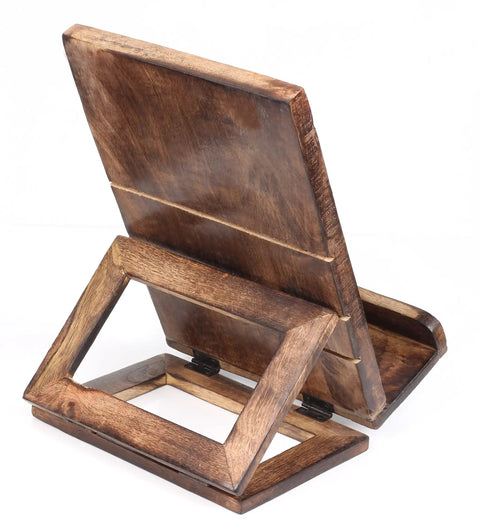 Back view of Hand Carved Tree Of Life Cookbook Stand With Adjustable Foldable Reading Holder For Kitchen Office Or Desk Totally Eco Friendly Mango Wood Made In India Gift For Home Chefs And Book Lovers